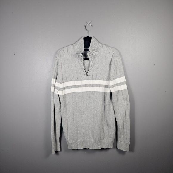 Nautica 1/4 Zip Sweater Double Striped Ribbed Grey W/ White Men's Size L - Picture 1 of 5